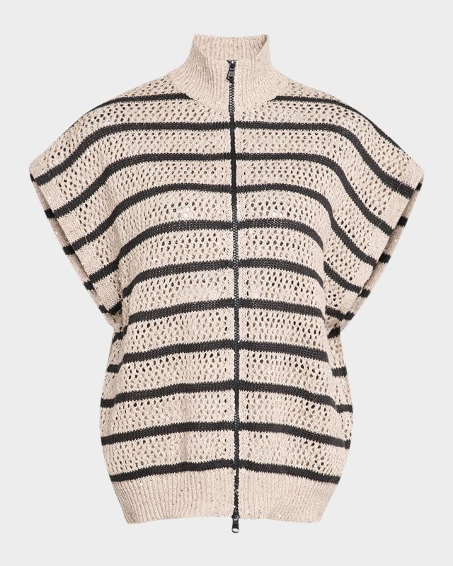 Striped Paillette Knit Short-Sleeve Zip Cardigan
